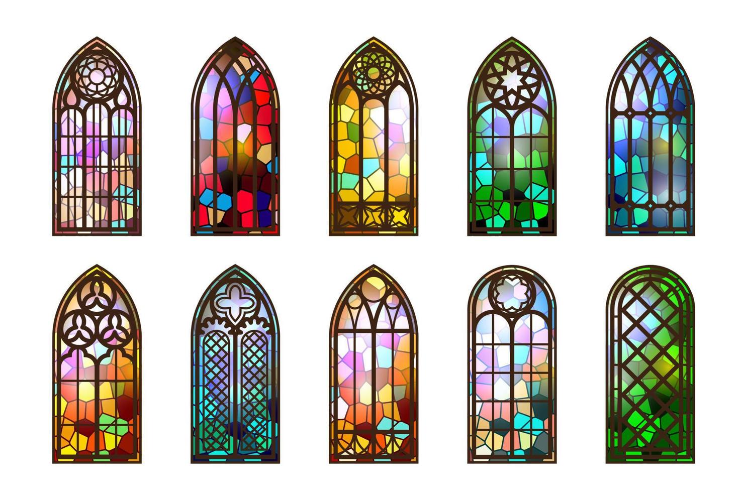 Gothic stained glass windows. Church medieval arches. Catholic cathedral mosaic frames. Old architecture design. Vector set