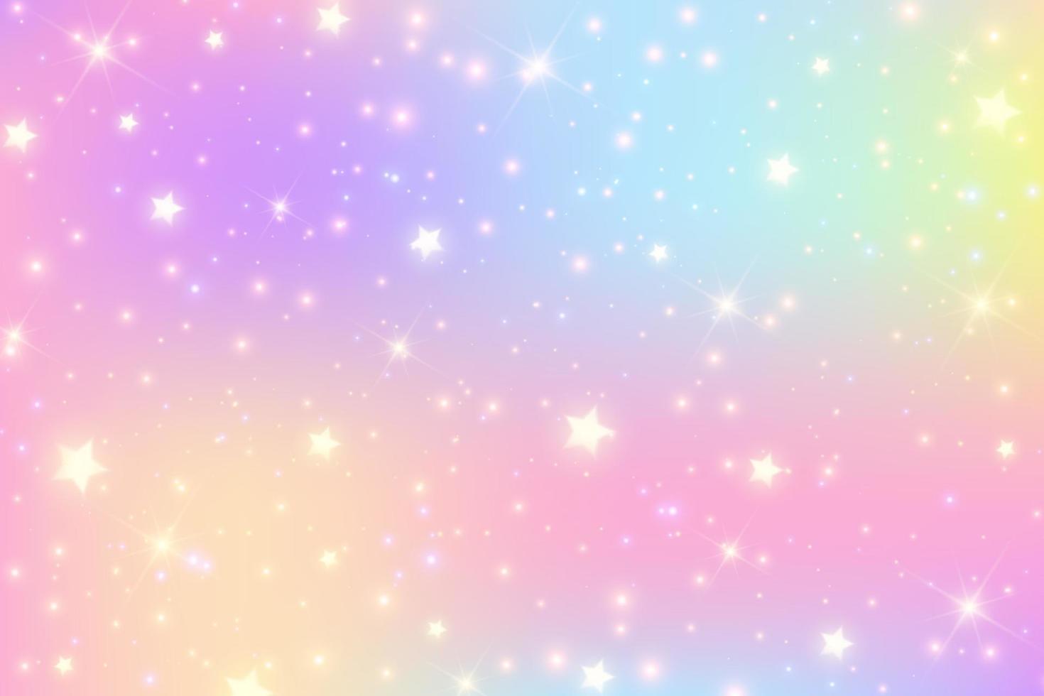 Rainbow pastel background. Unicorn sky with glittering sky. Candy galaxy with watercolor light texture. Girly cute magic wallpaper. Holographic vector abstract illustration.