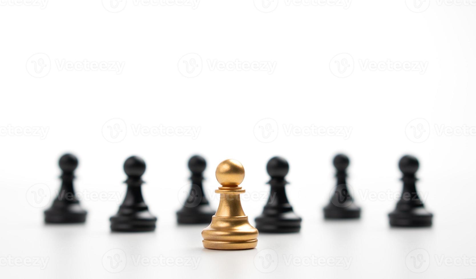 Golden Chess pawn standing in front of other chess, Concept of a leader must have courage and challenge in the competition, leadership and business vision for a win in business games photo