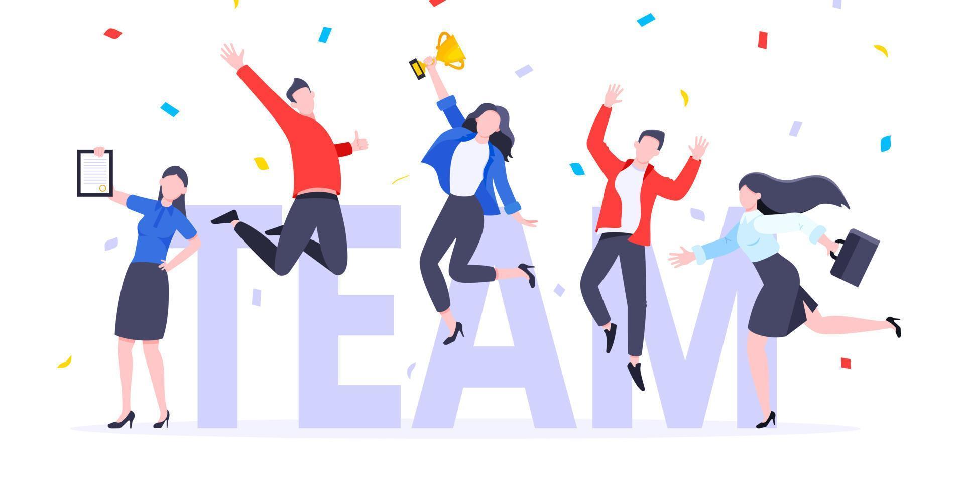 Happy business employee team winners award ceremony flat style design vector illustration.