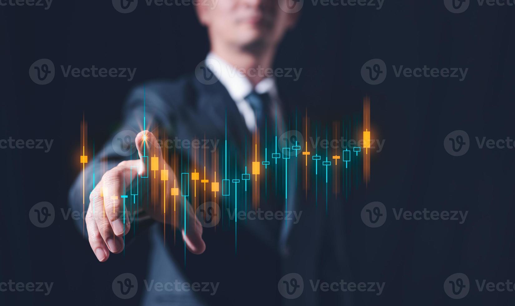 investment planning and strategy, Stock market, Business growth, progress or success concept. Businessman or trader is showing a growing virtual hologram stock, invest in trading. photo