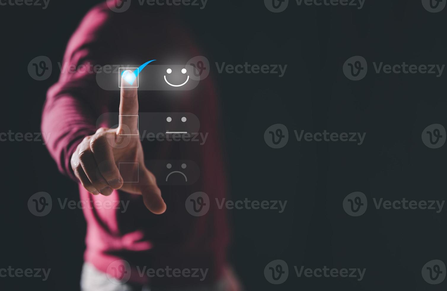 survey feedback Customer service satisfaction survey concept. businessman shows satisfaction by pressing face emoticon smile in satisfaction on virtual touch screen. happy emotion photo