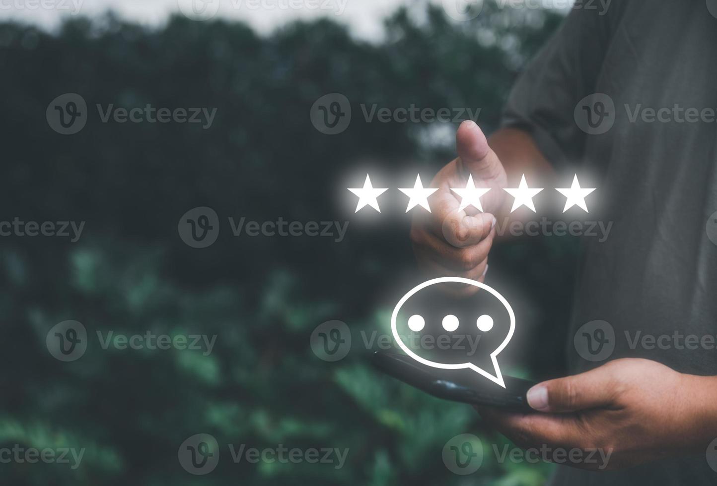 survey feedback Customer service satisfaction survey concept. man shows satisfaction by thumb up and five stars in satisfaction and give a feedback recommendation. happy emotion photo