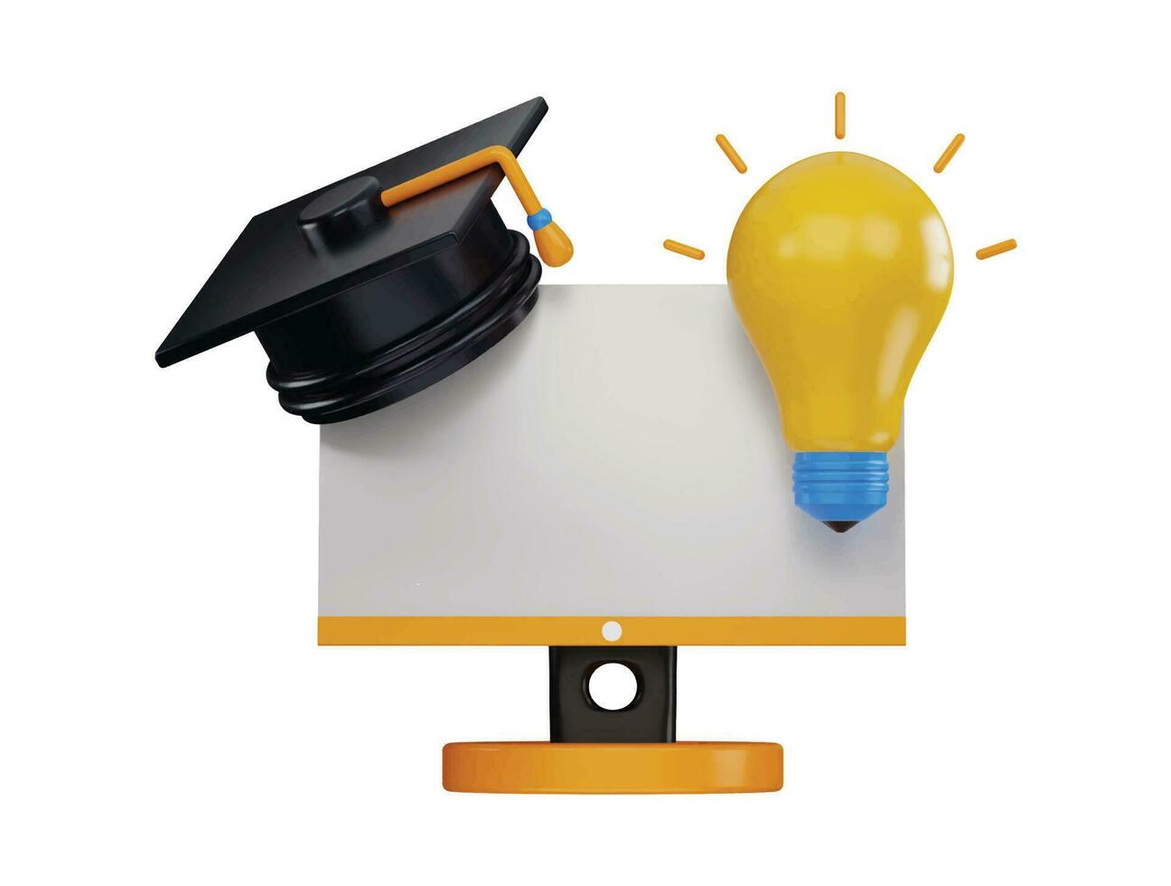 3d rendering computer monitor with graduation cap and light icon illustration vector