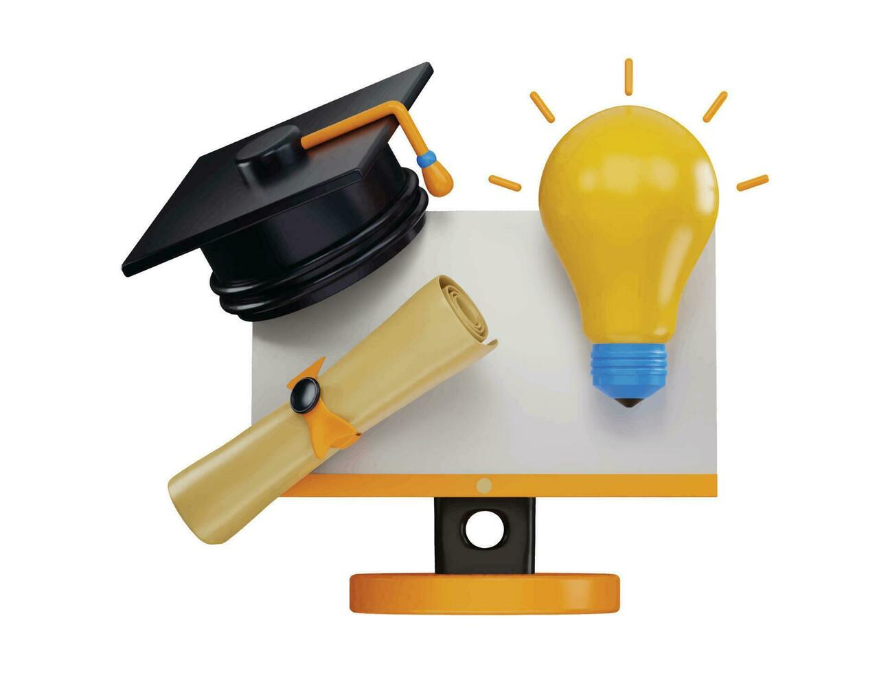 3d rendering computer monitor with a graduation cap and diploma certificate icon illustration vector