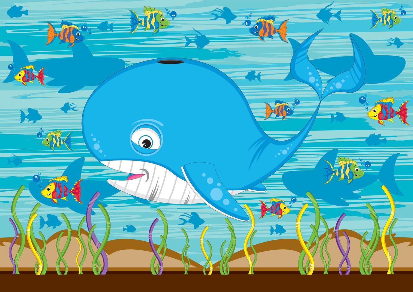 Cute Cartoon Blue Whale and Fish Underwater Scene vector