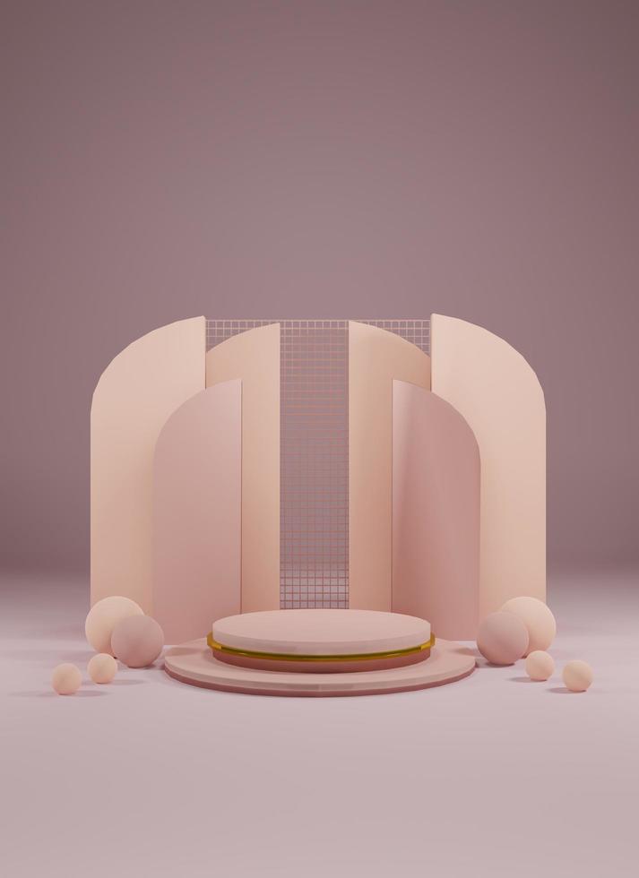 Modern Pedestal. Podium with Spherical objects. Display scene stage platform showcase stand, product, cosmetic advertising and presentation, cosmetic. 3D rendering photo