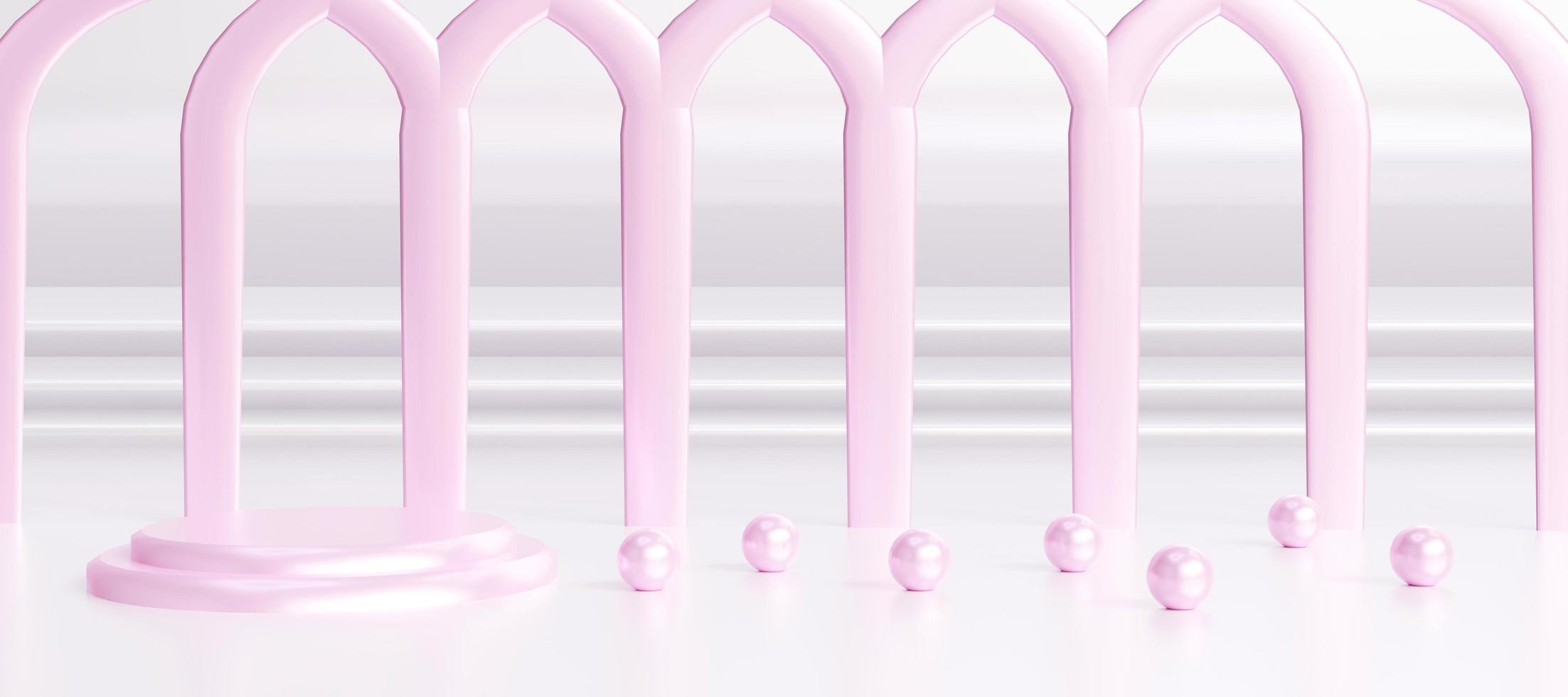 Glossy pink podium with tiny pink spherical objects on white  background. Luxury stand to show products. Stage showcase with beautiful girly scene for presentation. Pedestal display. 3D rendering. photo