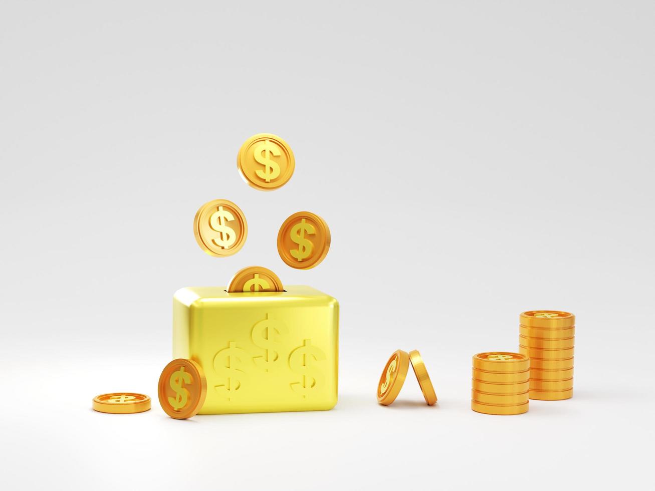 3D Gold coins with golden box on white background.  3D rendering. Money savings and wealthy concept. Dollar currency. photo
