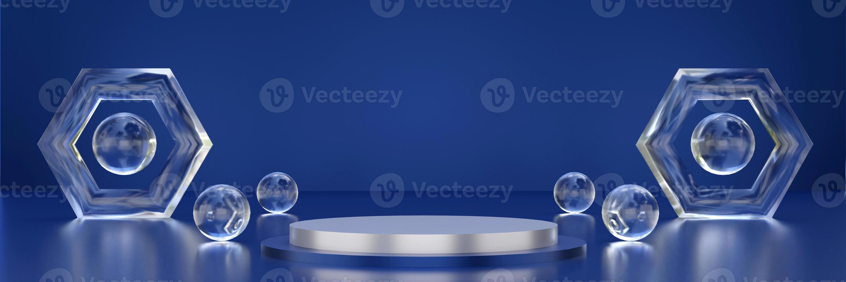 Cylinder podium with geometric clear glass objects. Stand to show products. Stage showcase with empty space. Pedestal display on deep blue. Banner size. Website cover template. 3D rendering. photo