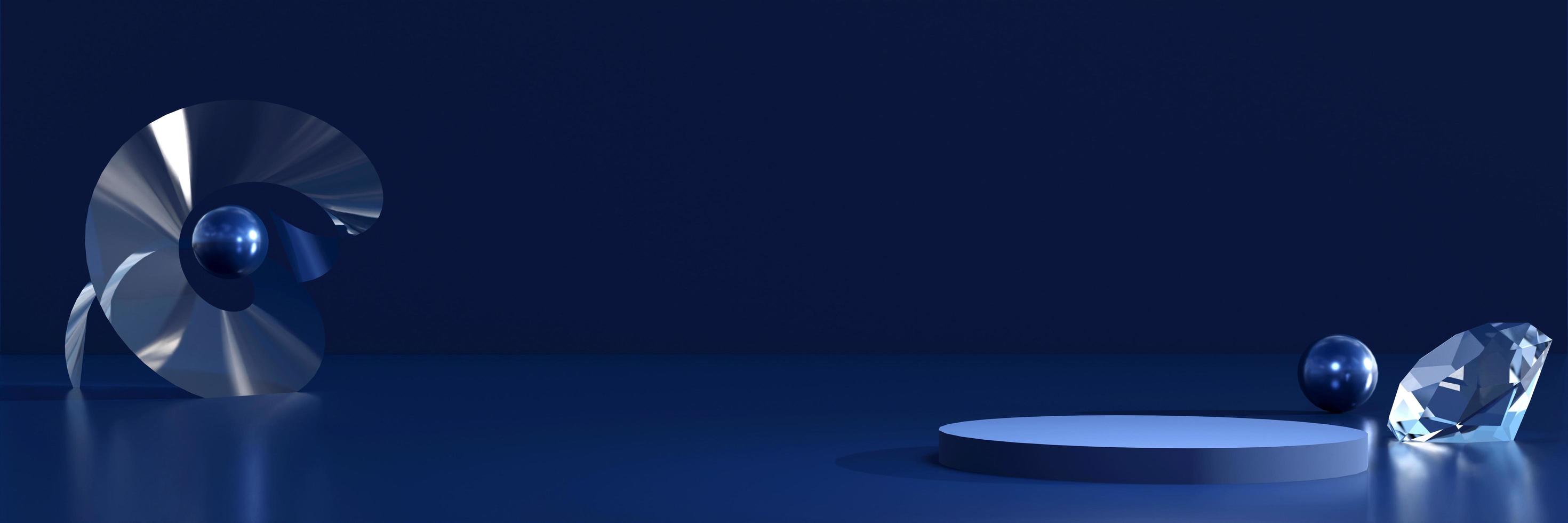 Cylinder podium with abstract geometric objects. Stand to show products. Stage showcase with empty space. Blue pedestal display. Banner size. Website cover template. 3D rendering. photo
