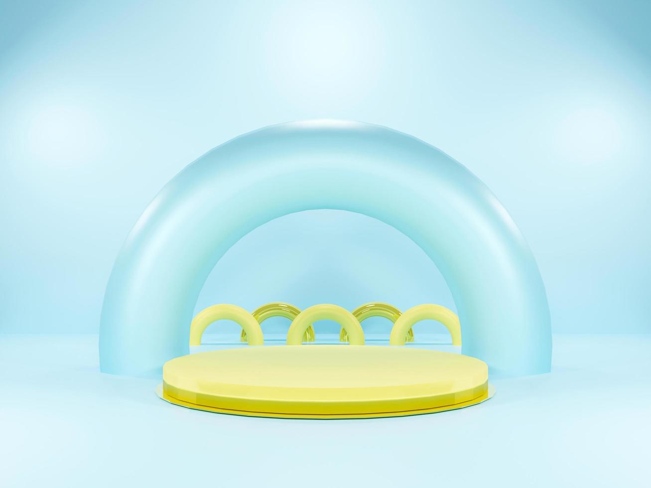 Yellow podium in blue background. Simple and cute pedestal. Display scene stage platform showcase stand for products advertising. 3D rendering. photo