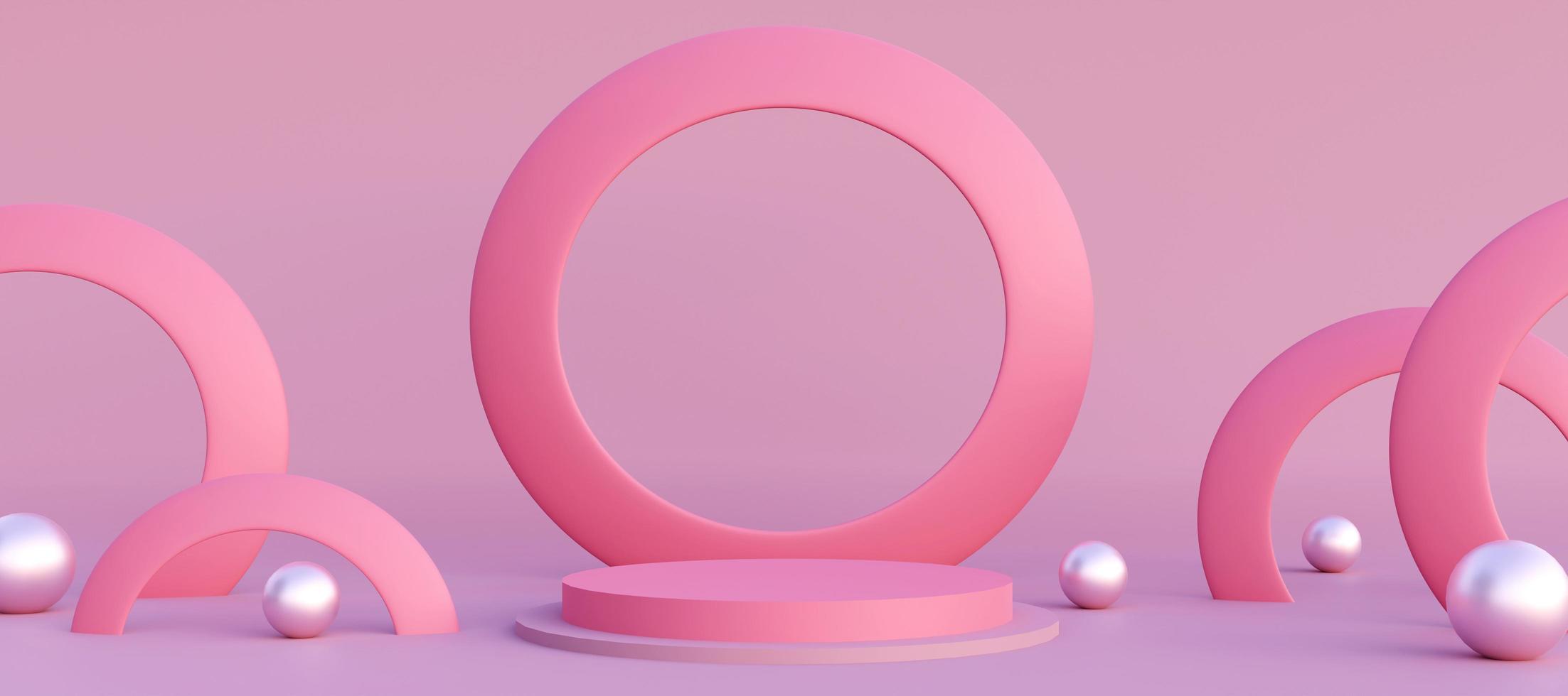 Pink cylinder podium with decorative ring objects.  Stand to show products. Modern pedestal display with copy space. Banner size. Website cover template. 3D rendering. photo