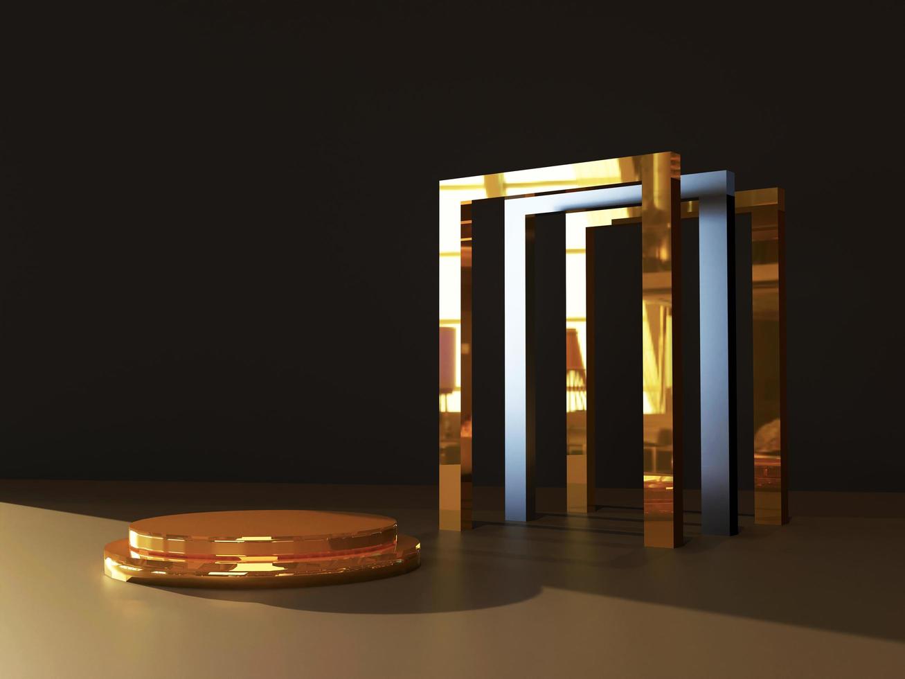 Glossy gold podium with frames. Modern Pedestal in dark scene. Display stage platform showcase stand for products, cosmetic or skincare advertising and for presentation. 3D rendering. photo