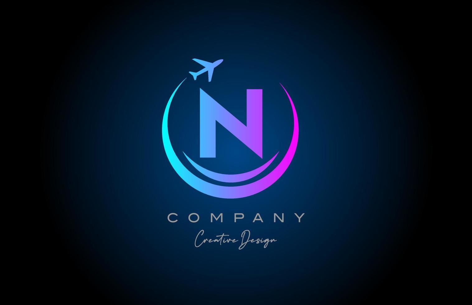 blue pink N alphabet letter logo with plane for a travel or booking agency. Corporate creative template design for company and business vector