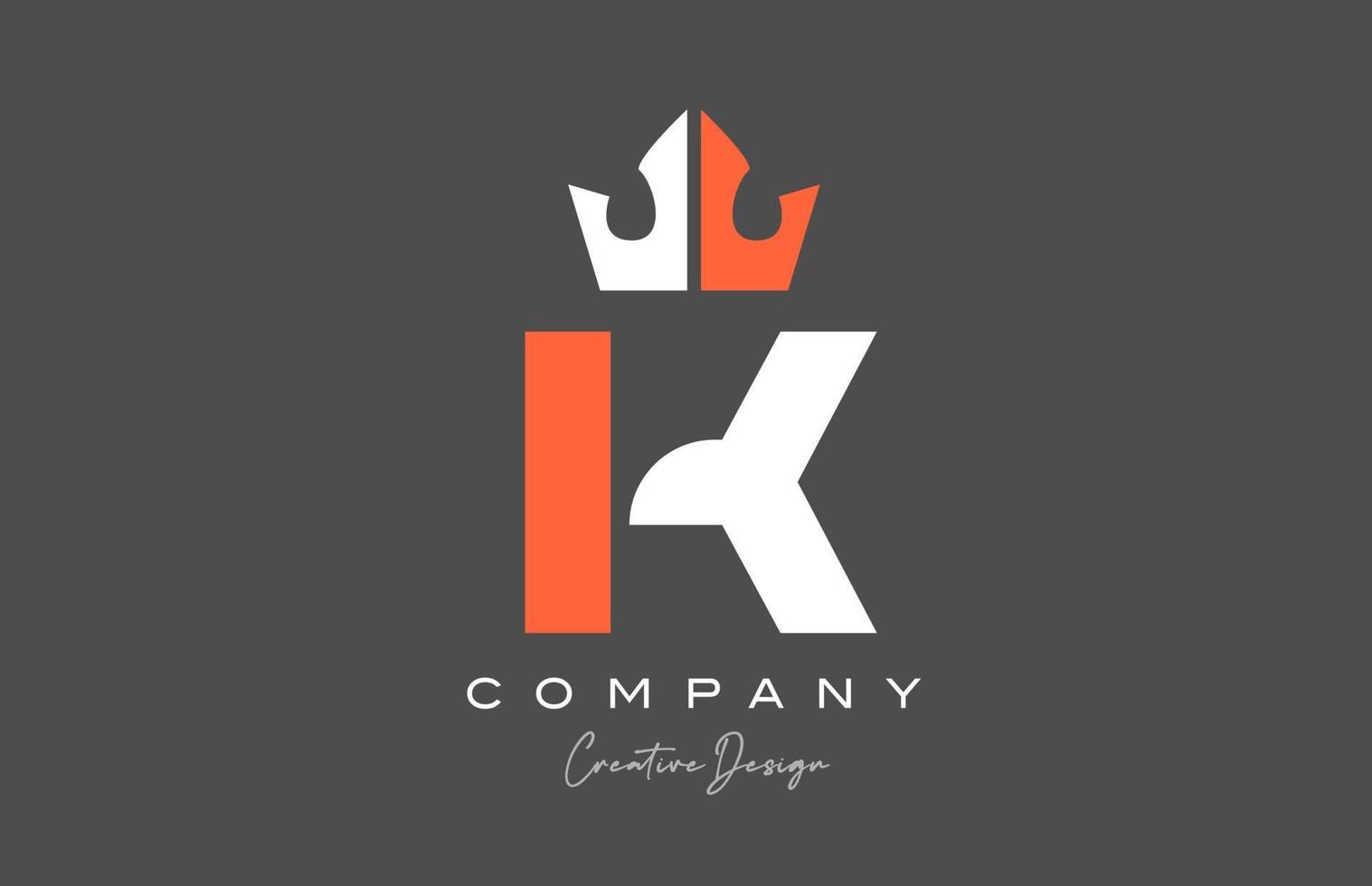 orange grey white K alphabet letter logo icon design. Creative king crown template for company and business vector