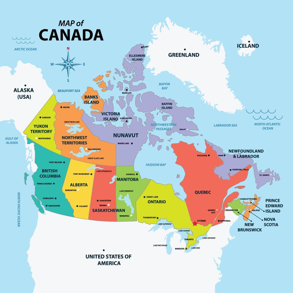 Canadá mapa con todas estados vector