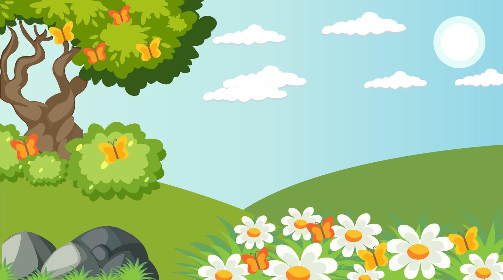 Spring landscape background design with trees, mountains, fields, flowers vector