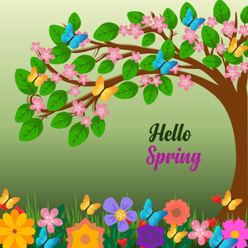 Spring flowers and environment background design with hello spring typography greeting text vector