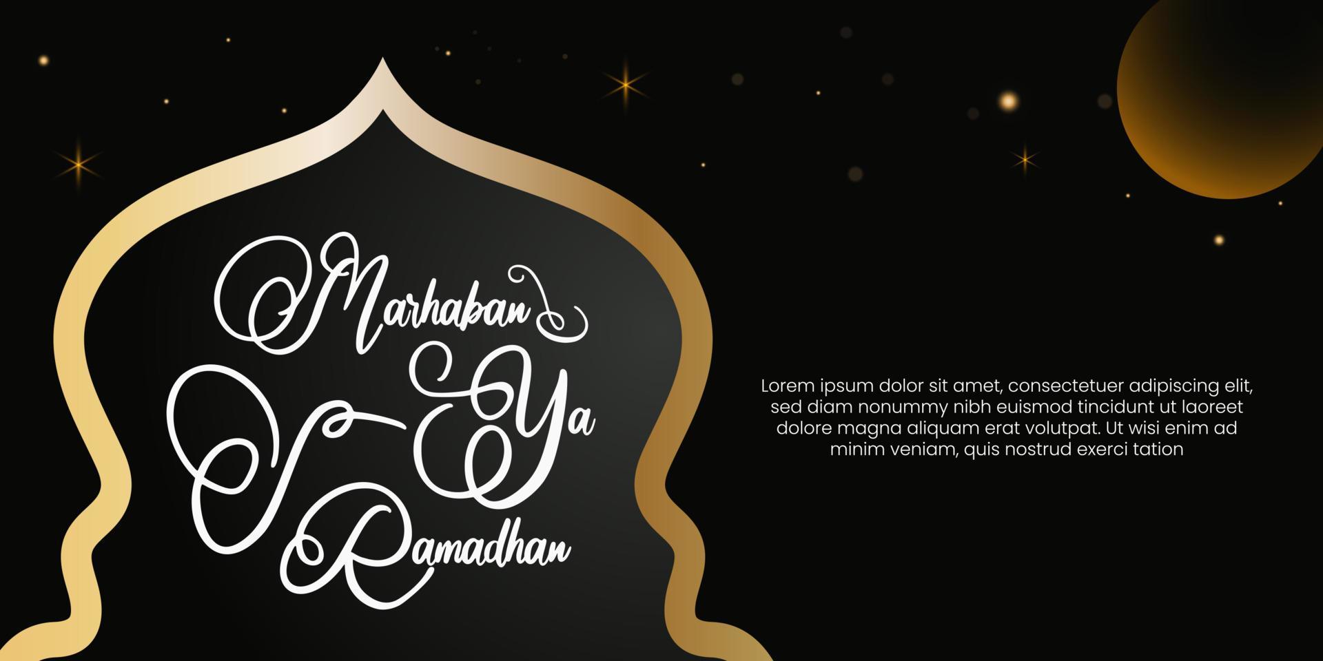 Marhaban Ya Ramadhan Greeting with hand lettering calligraphy and illustration. Islamic greeting background can use for Eid Mubarak vector