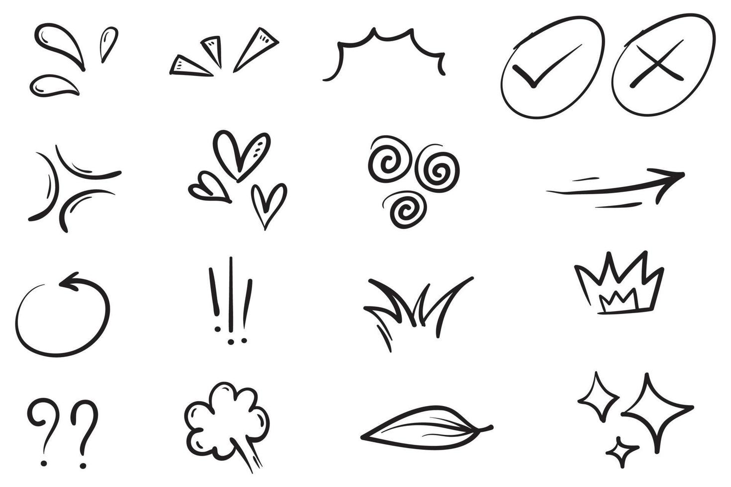 Vector set of hand-drawn cute cartoony expression sign doodle line stroke. movement drawing, curve directional arrows, emoticon effects design elements, cartoon character emotion symbols,