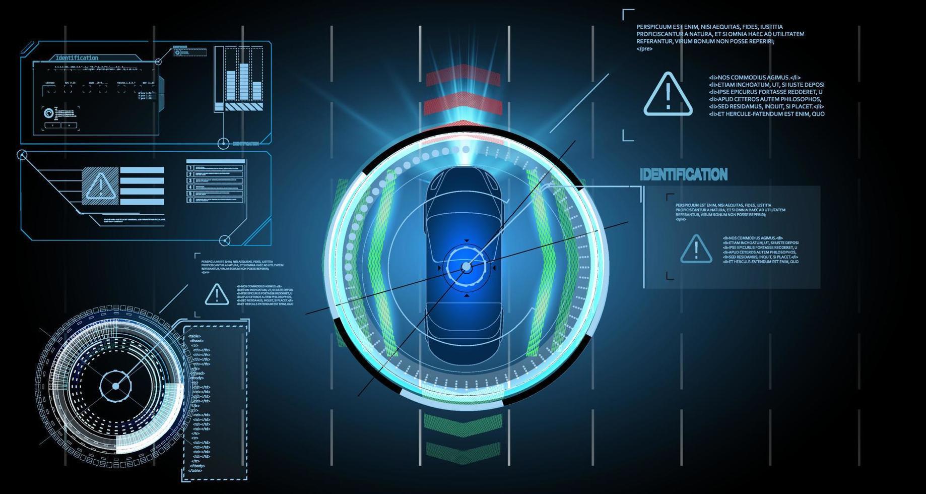 inteligente carros conducción en el camino, sin conductor vehículos, parte superior ver sus sistema. inteligente coche hud coche parte superior ver con electrónico vector