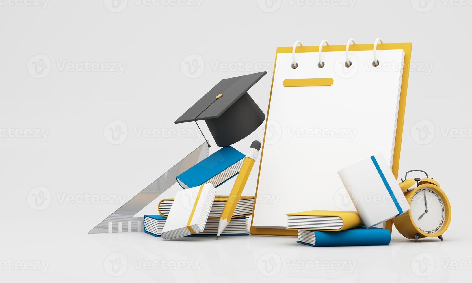 back to school concept and degree achievements from education. Minimal background for online education concept. Book with graduation hat on color pastel background. 3d rendering illustration. photo
