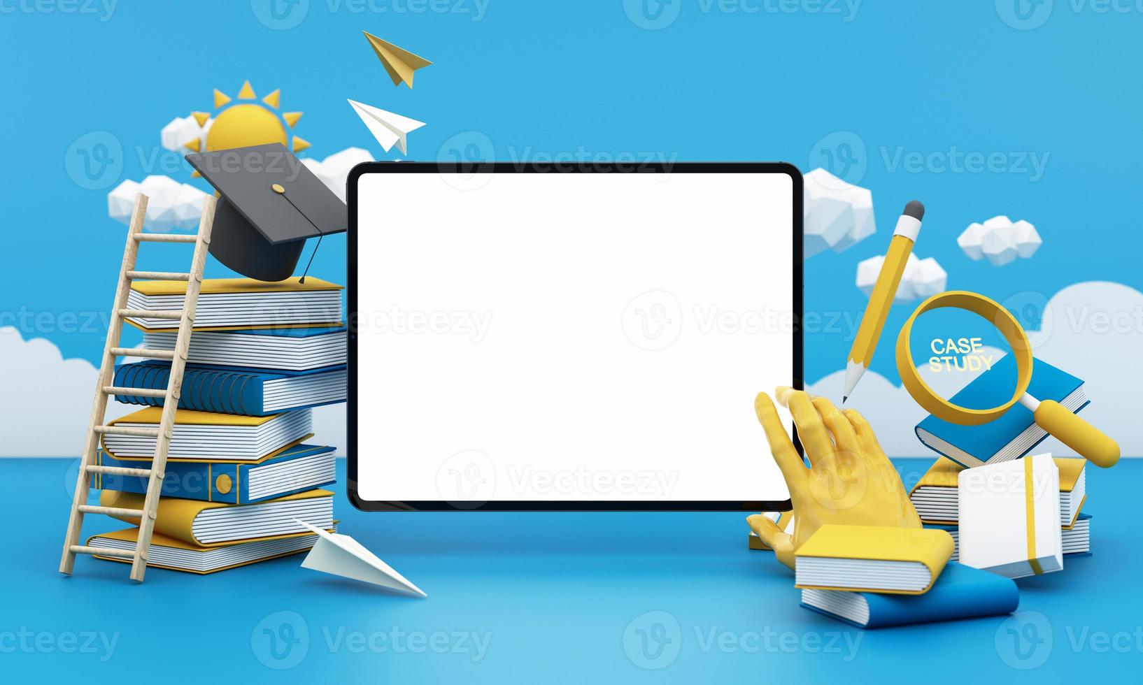 back to school concept and degree achievements from education. Minimal background for online education concept. Book with graduation hat on color pastel background. 3d rendering illustration. photo