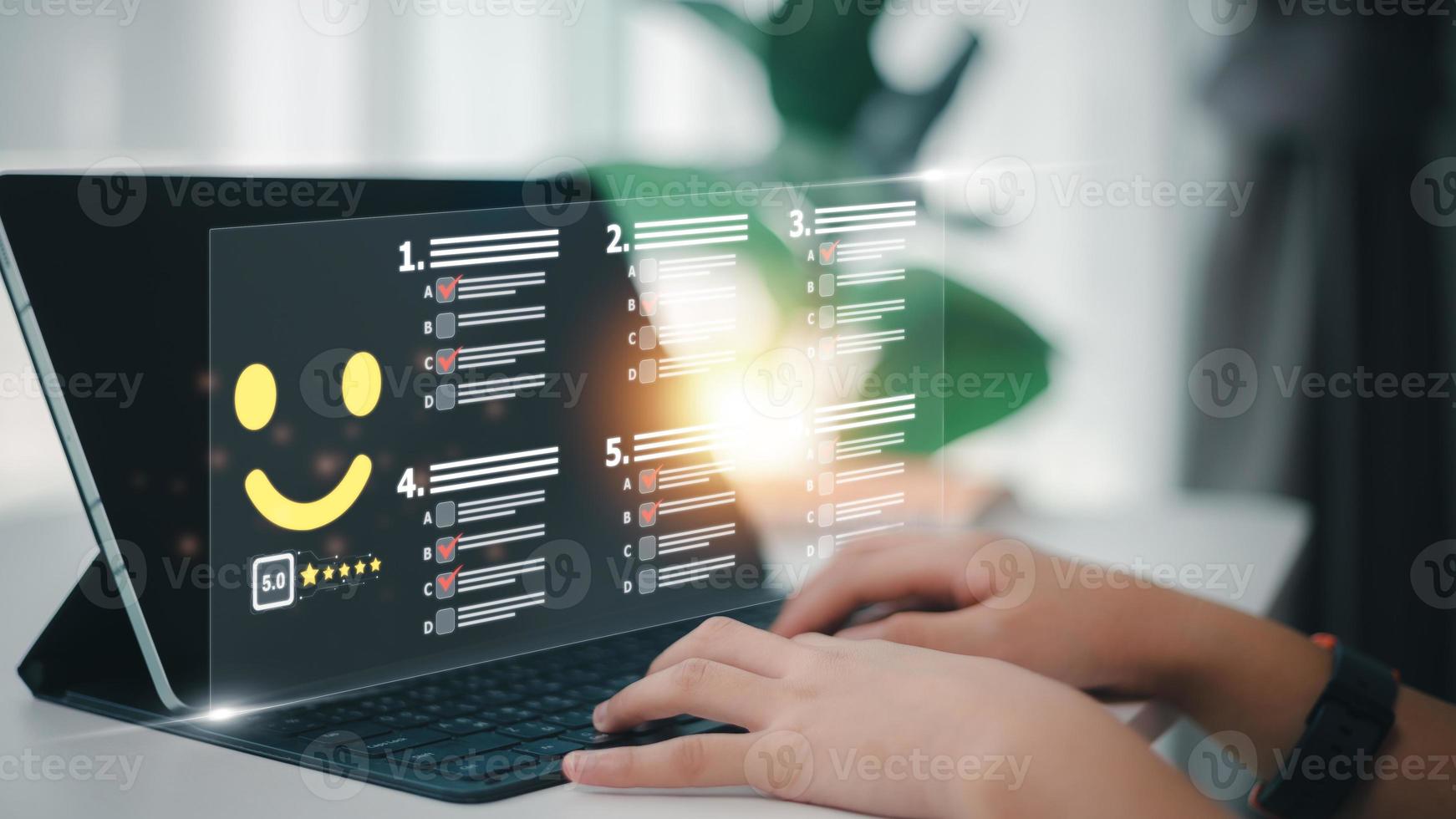 Customer Satisfaction Guarantee concept on virtual screens, Businessman check satisfaction ratings online documents checklist  to improve customer development and satisfaction of product photo