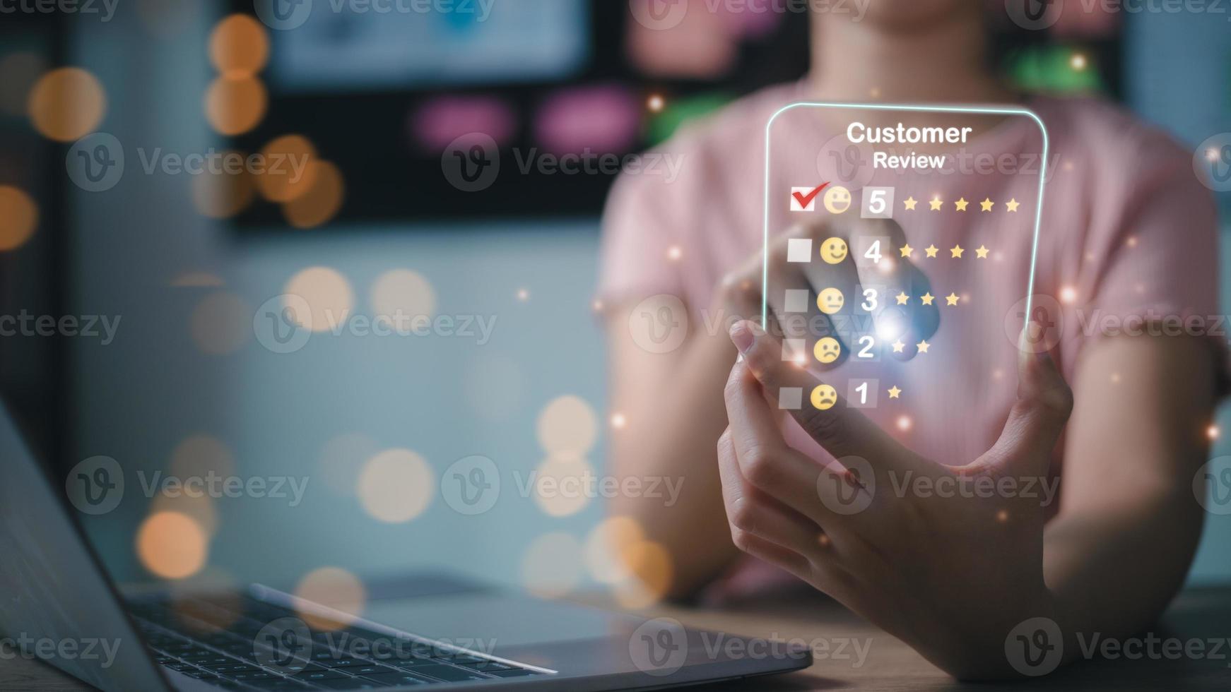 Women give ratings to service experience online applications, Customer review satisfaction feedback survey concept on the futuristic virtual interface screen. photo