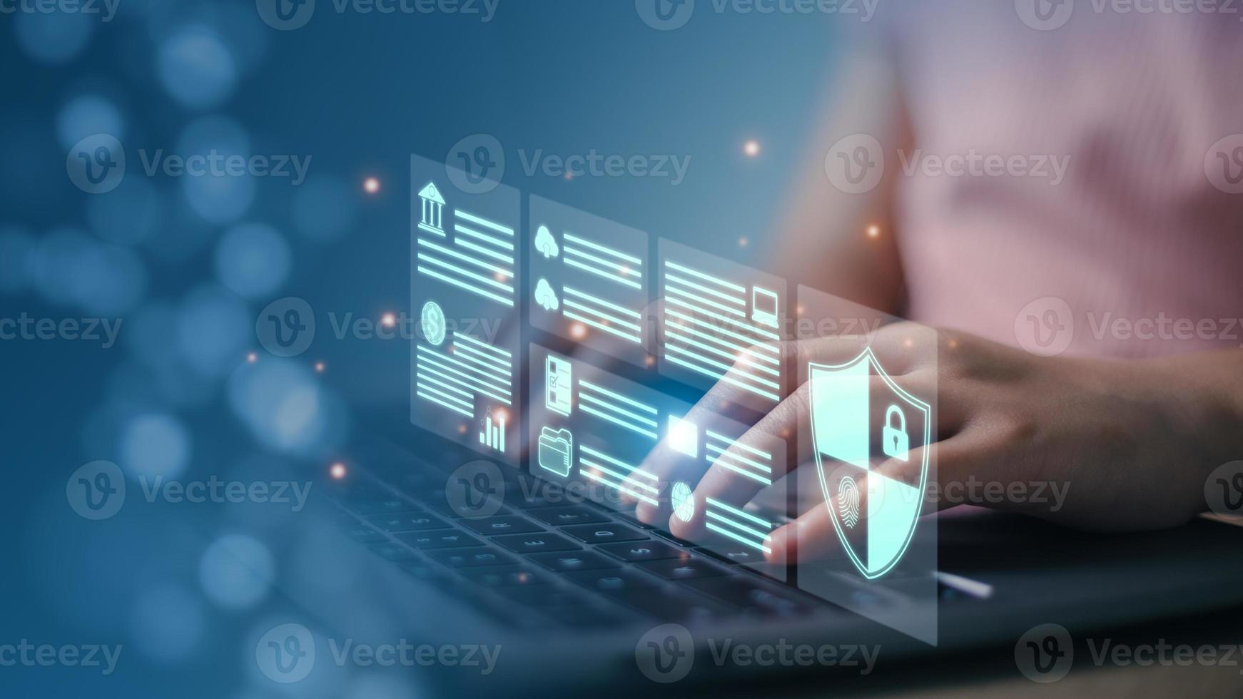 cybersecurity concept Global network security technology, business people protect personal information. Encryption with a padlock icon on the virtual interface. photo