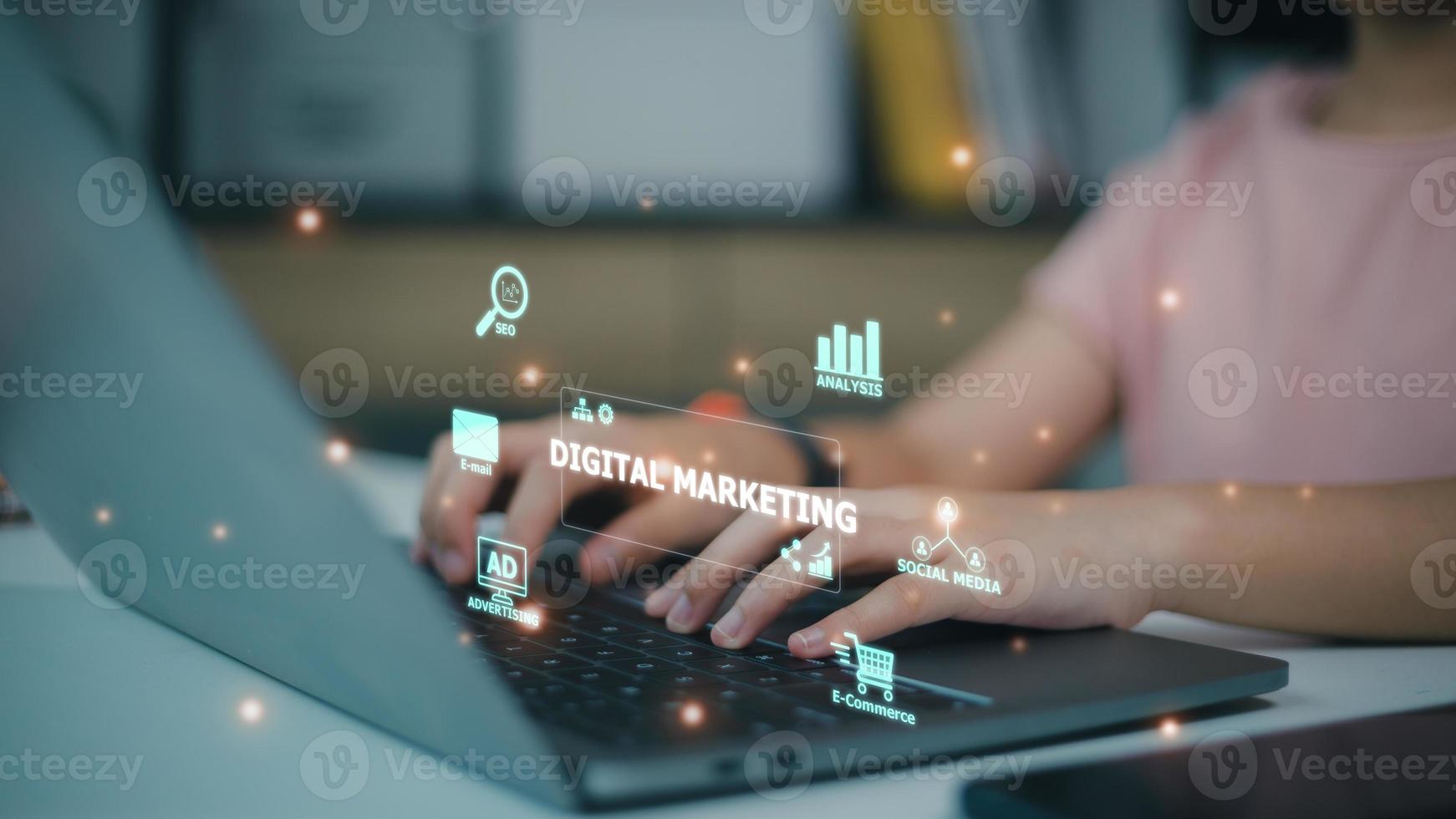Concept of digital marketing media website ad, email, social network, SEO, video, photo