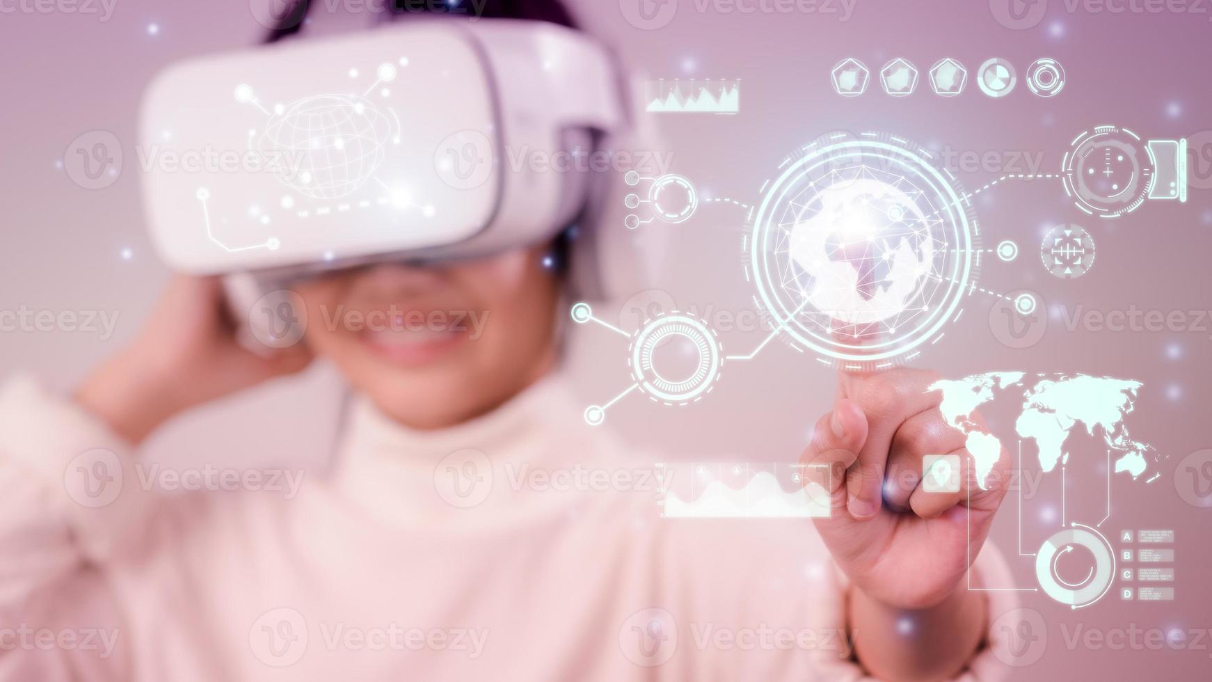 Metaverse digital cyber world technology, Woman with virtual reality VR goggle playing AR augmented reality game entertainment and business meeting conference, futuristic lifestyle photo