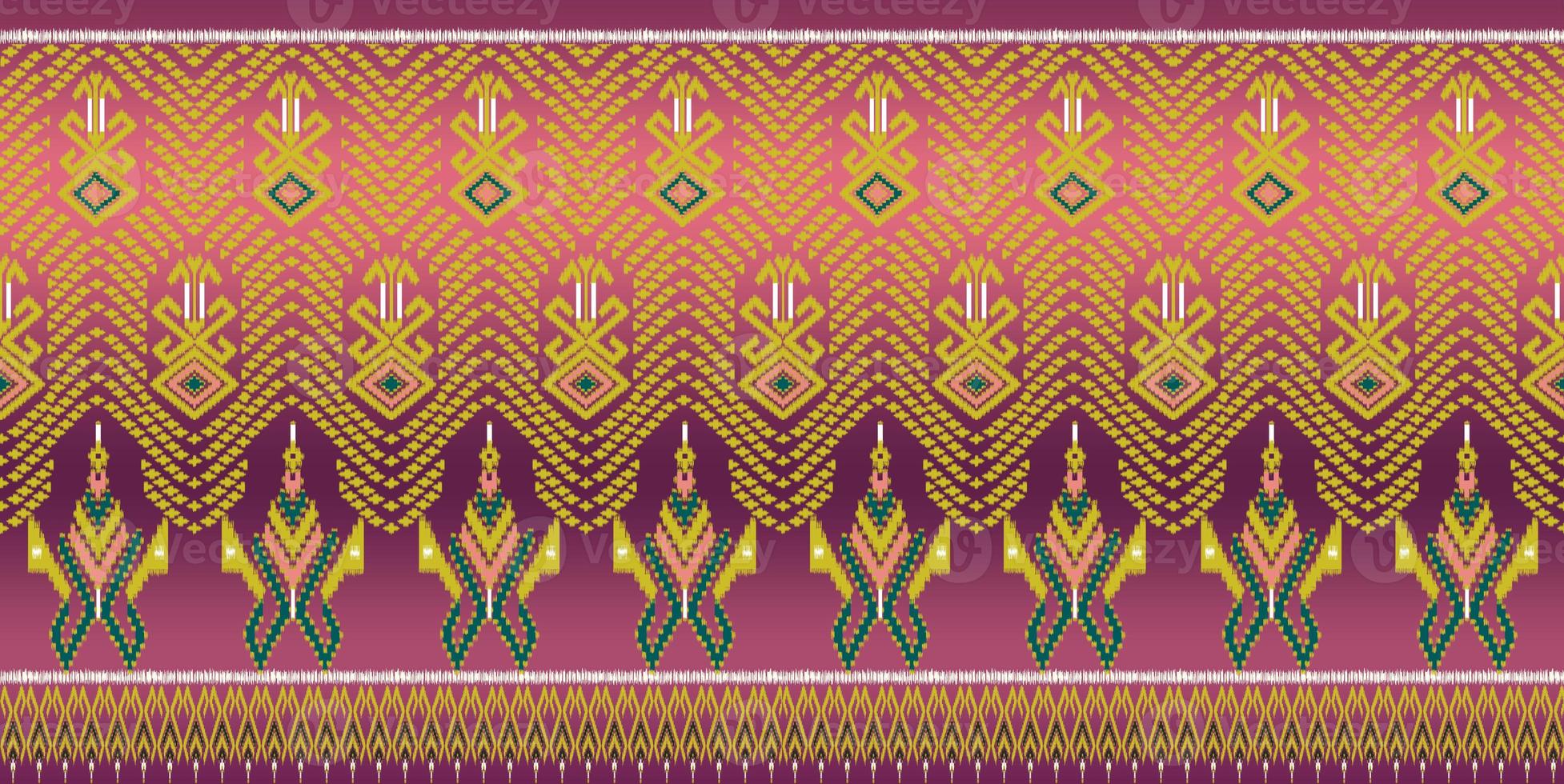 Beautiful colorful Thai knitted embroidery. geometric ethnic oriental pattern traditional on black background, Thai pattern culture, green stylem, clipping path include photo