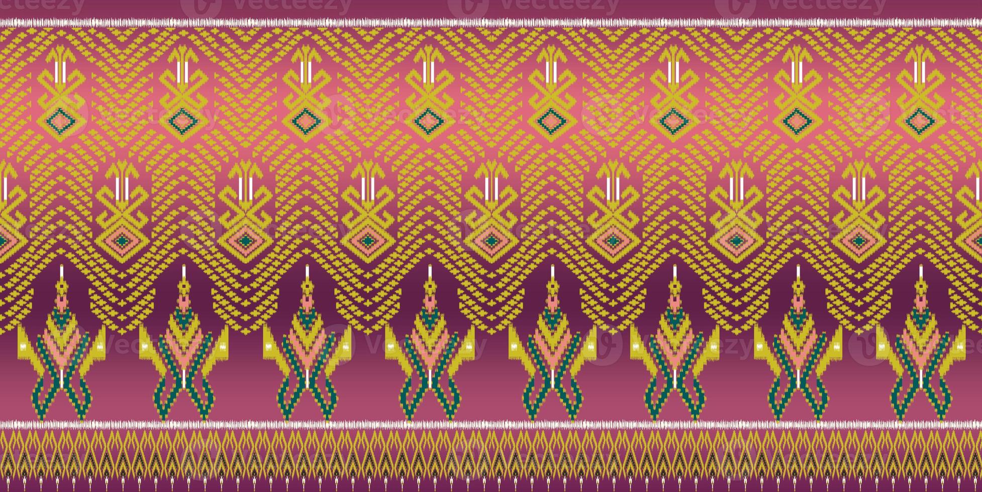 Beautiful colorful Thai knitted embroidery. geometric ethnic oriental pattern traditional on black background, Thai pattern culture, green stylem, clipping path include photo