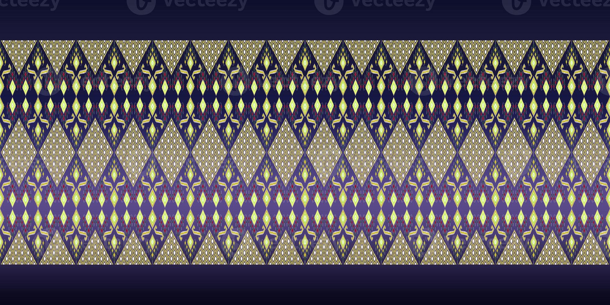 Beautiful colorful Thai knitted embroidery. geometric ethnic oriental pattern traditional on black background, Thai pattern culture, green stylem, clipping path include photo
