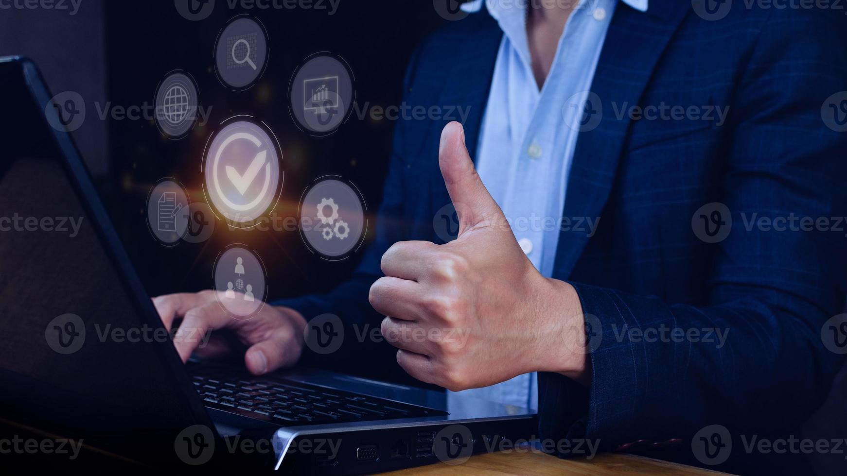 Quality management with Quality assurance or QA and Quality control or QC and improvement. Standardization and certification concept. compliance to regulations and standards. concept with manager. photo