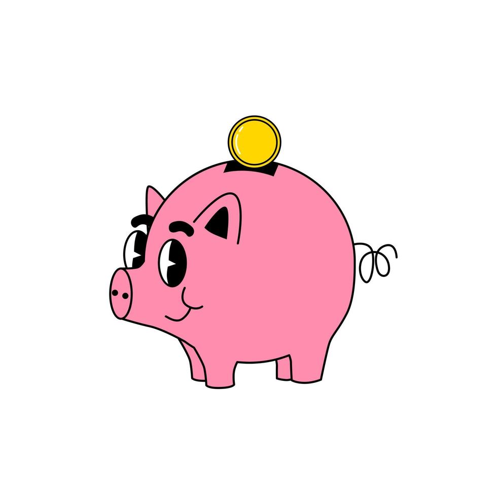 Piggy bank with gold coins. Groovy cartoon style financial illustration about saving money vector