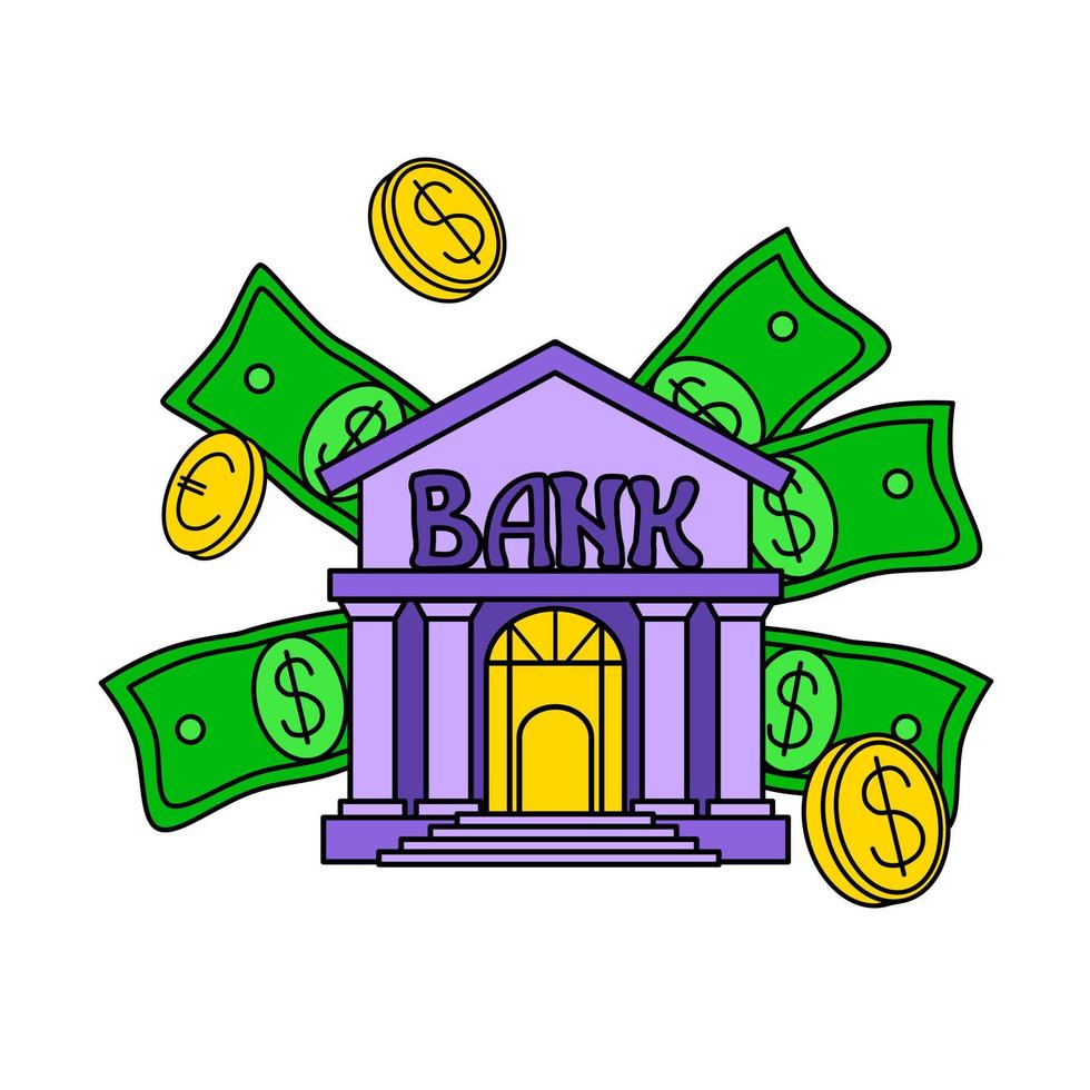 Bank building and falling coins and paper currency in groovy cartoon style. Money transaction or savings concept. Vector illustration