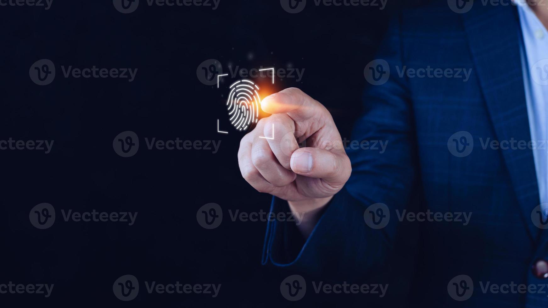 Businessman scanning fingerprint, biometric identity and authorization futuristic concept of password security and control through fingerprint in future, Immersive and cybernetic technology, business photo