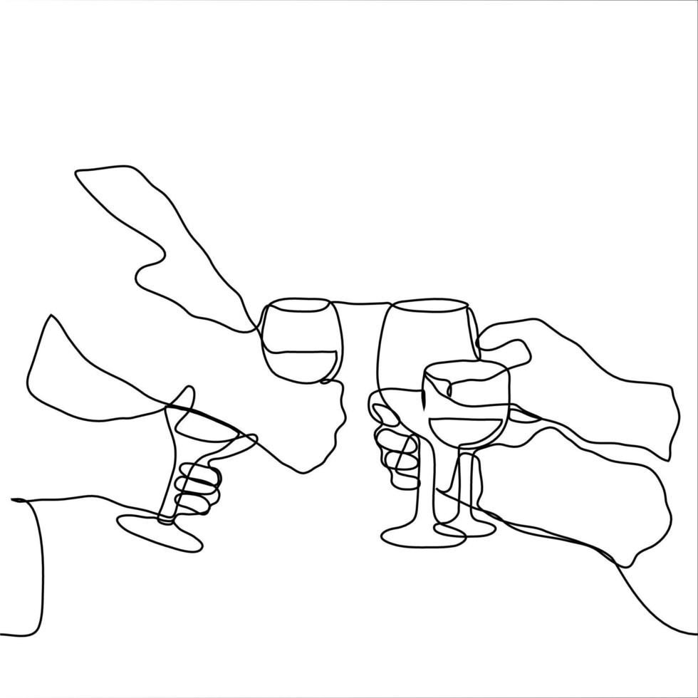 hands of four people who clink glasses. one line drawing concept celebration, toast, clinking glasses, drinking alcohol vector