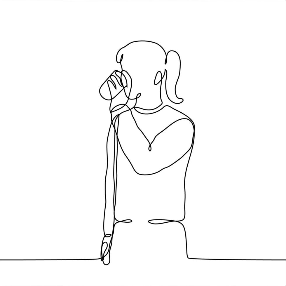 A girl stands and drinks a soft drink from a glass. One continuous line drawing of a woman in a sweater standing drinking water vector