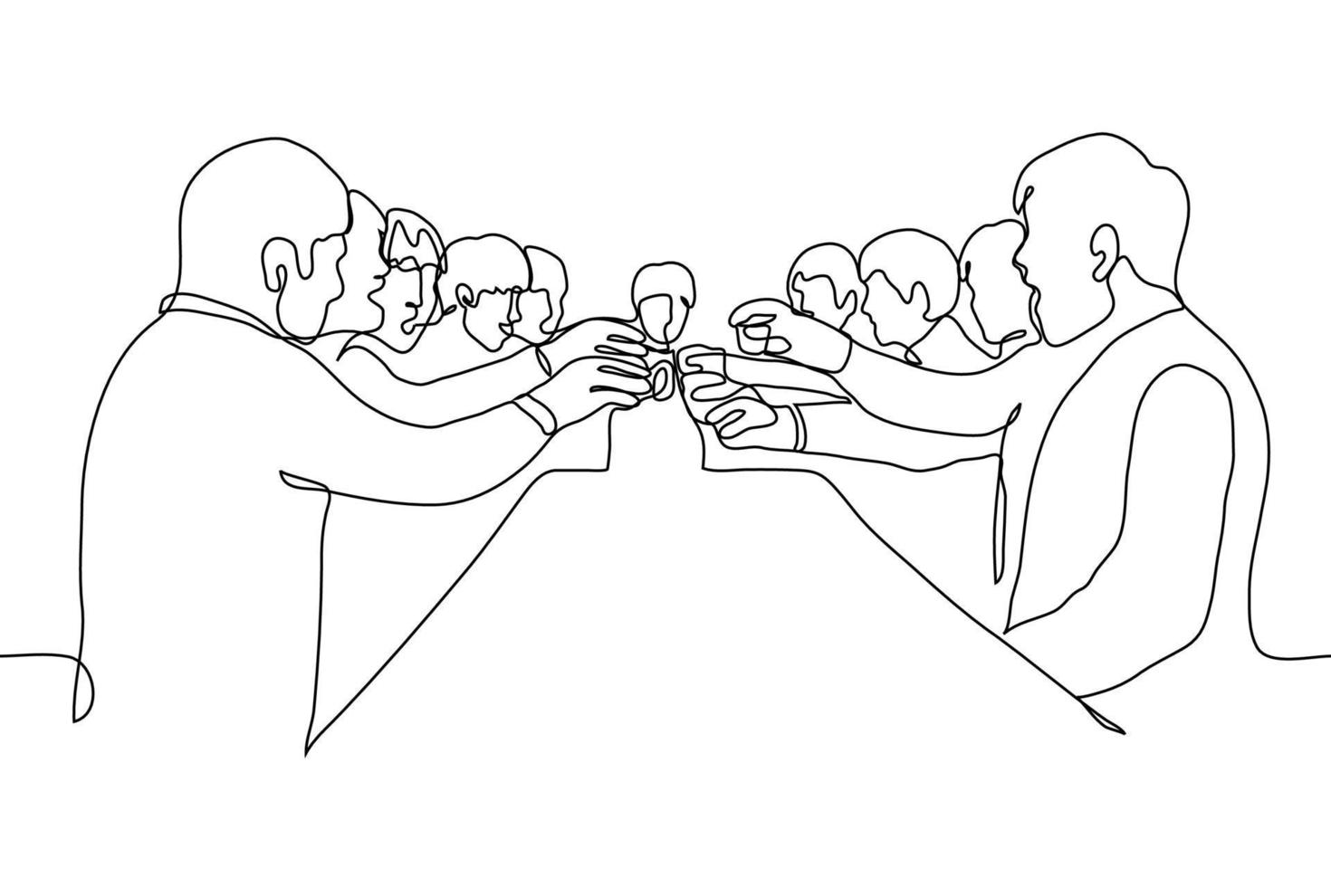 crowd of people at a long table are holding out glasses of alcoholic drink alcohol to clink glasses. One continuous line drawing concept of celebration, glee, celebrate a deal vector