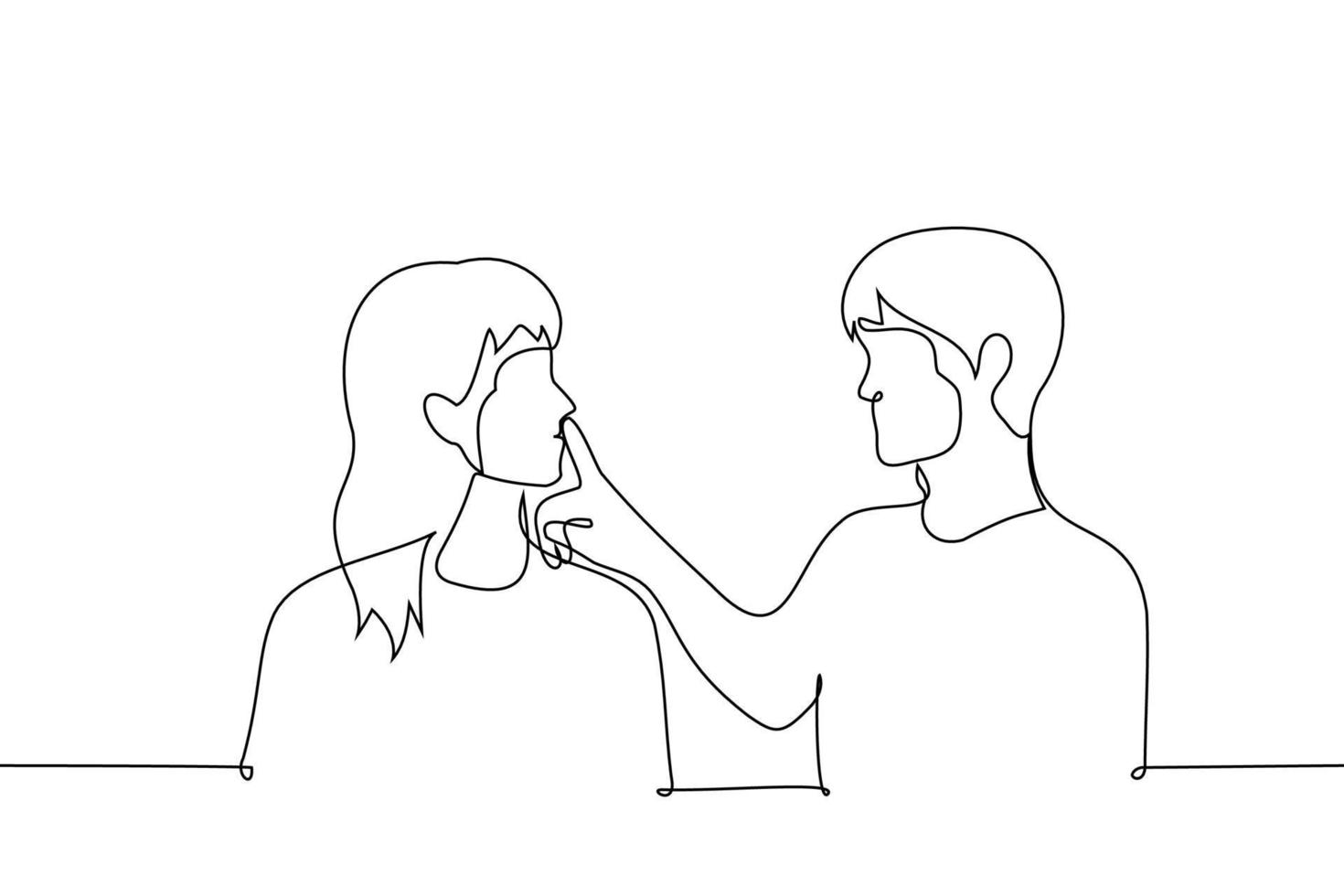 man put his finger to the woman's lips - one line drawing vector. concept call to silence or seduction vector