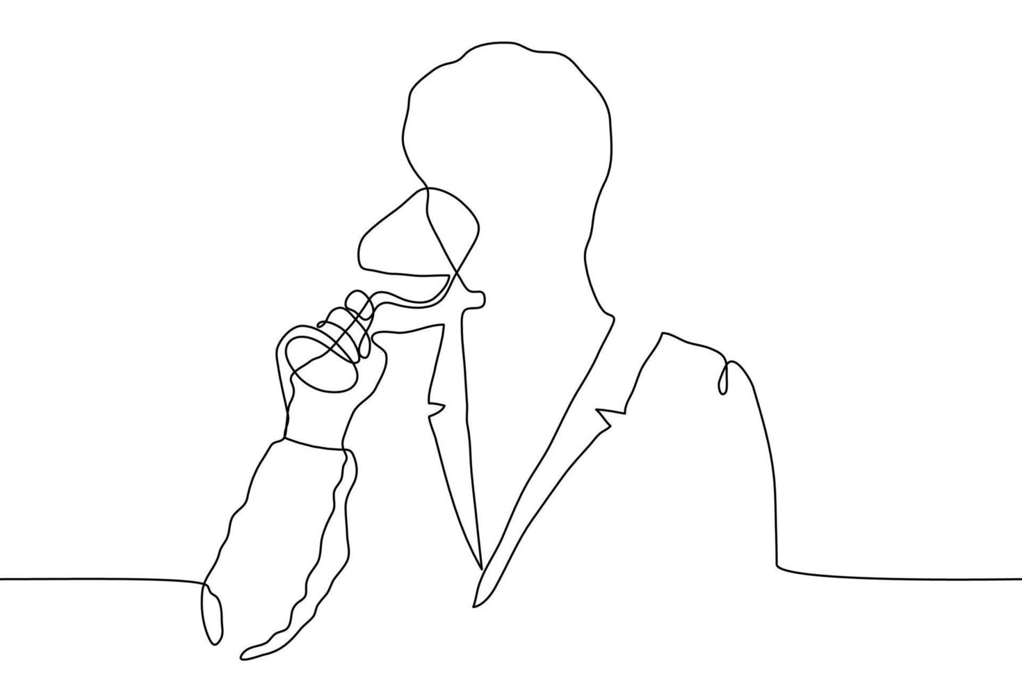 continuous line drawing silhouette of a man in a jacket languishingly drinking from a glass goblet. A man relishes a drink. The concept of sommelier, relaxation, tasting vector