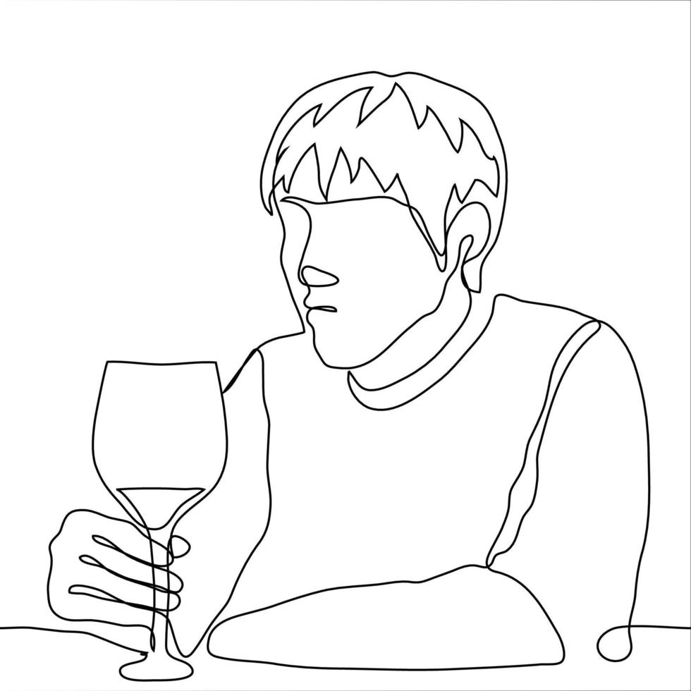 man sits thoughtfully holding the leg of a glass of wine standing on the table. One continuous line art sad lonely alcoholic drinking vector