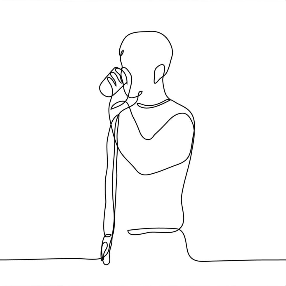 Silhouette of a man who is standing drinking a drink from a large glass - cocktail, beer, milk. One continuous line art of a thirsty man drinking a glass of liquid vector