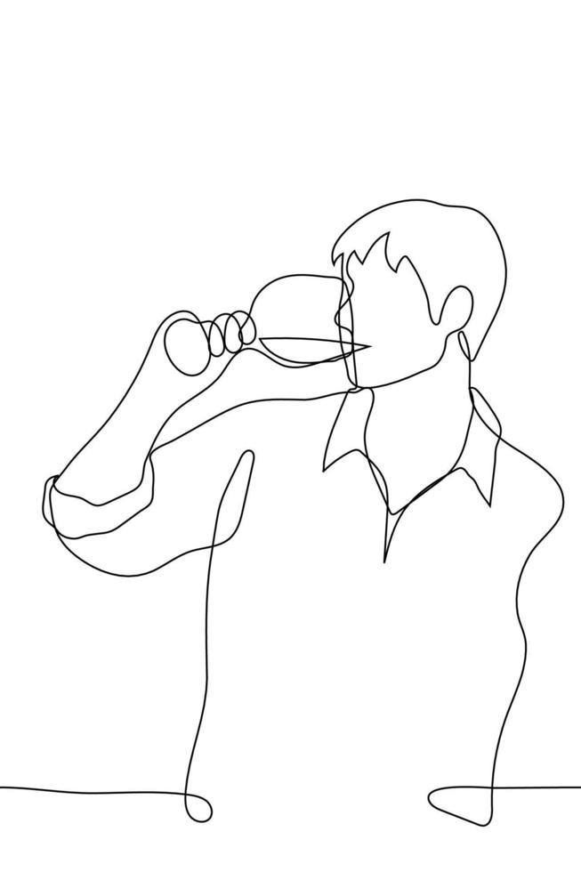 hombre en un camisa bebidas un vino bebida desde un vaso - uno línea dibujo. un catador o vino amante sorbos vino desde un vaso en un informal ajuste vector
