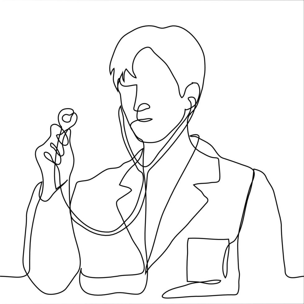 silhouette of a young doctor in a coat and with a stethoscope. one continuous line drawing of a medical professional listening through a stethoscope holding the acoustic head in his right hand vector