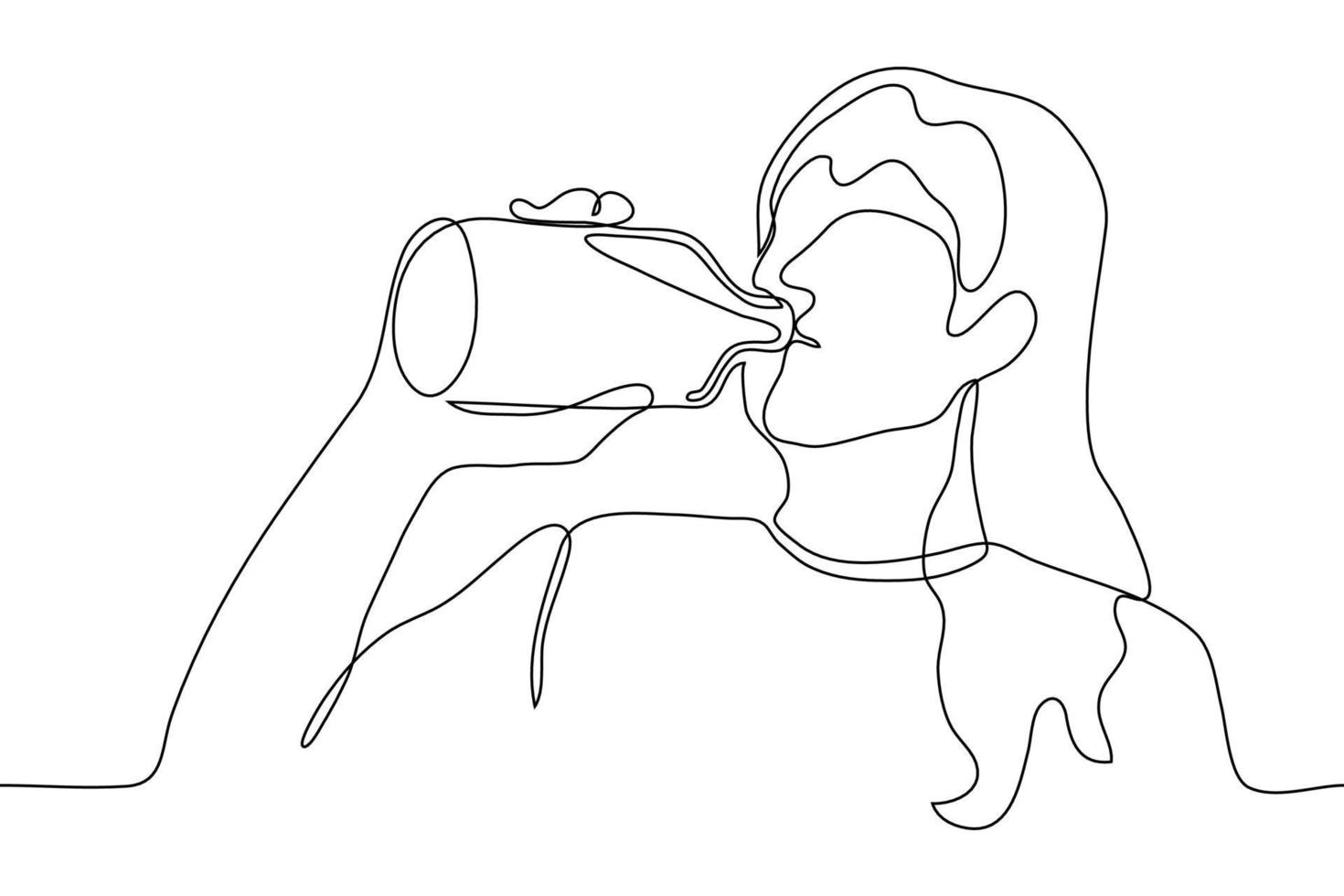 mujer con largo pelo bebidas un bebida agua o alcohol directamente desde el botella. uno continuo línea dibujo de un mujer alcohólico Bebiendo alcohol vector